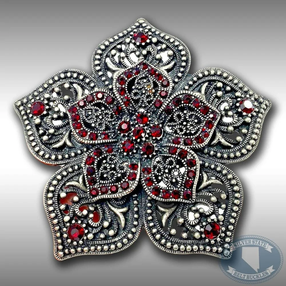Belt Buckle Women's Star Flower Pedals‎ Double Layer Perforated Red Rhinestones